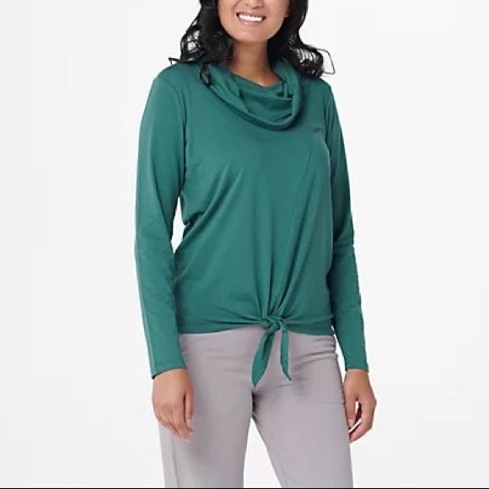 AnyBody Cozy Knit Jersey Cowl Neck Tie Front Top